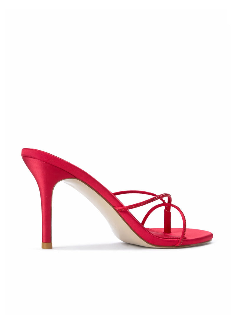 Femme LA Sicilian Slipper in Rouge Crystal – front three-quarter view showing rouge satin mule with rouge crystal crossed straps on slim stiletto