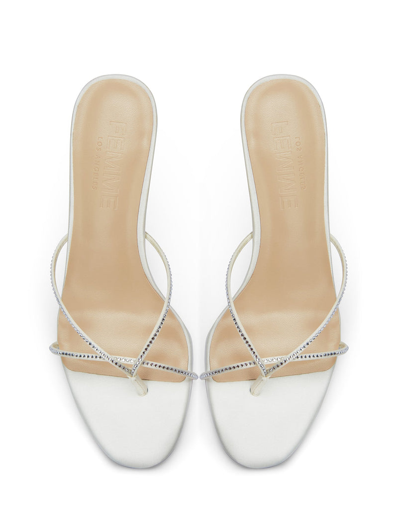 Femme LA Sicilian Slipper in White Crystal – overhead view of the pair showing FEMME LOS ANGELES embossed on nude insoles