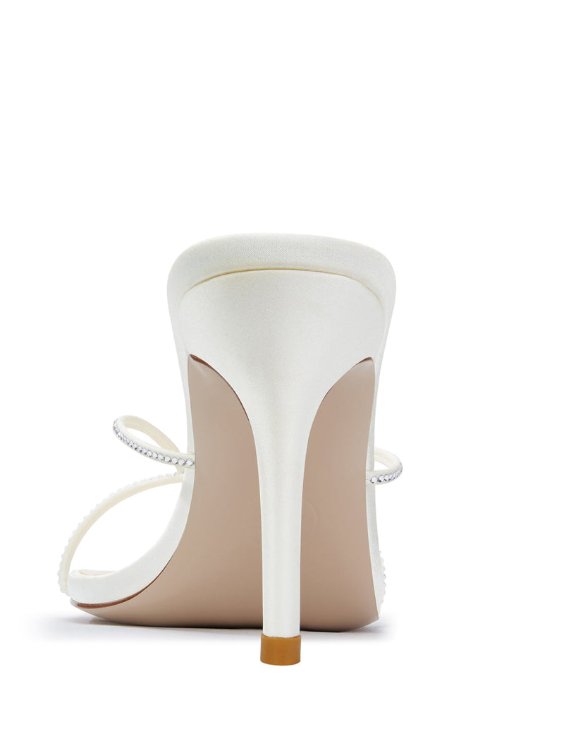 Femme LA Sicilian Slipper in White Crystal – rear view showing white satin stiletto heel with crystal straps and nude outsole