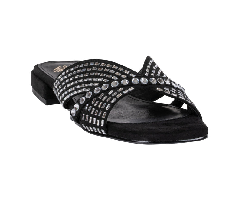 Women’s Elara Black Rhinestone Crisscross Flat Sandals