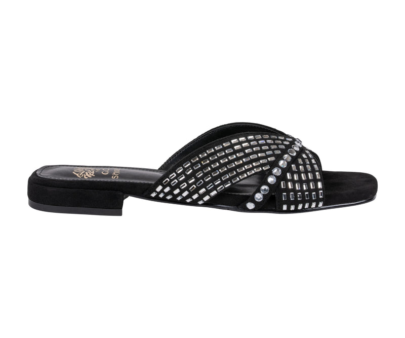 Women’s Elara Black Rhinestone Crisscross Flat Sandals
