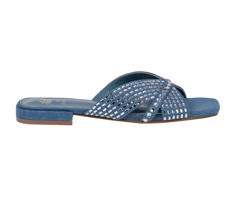 Women’s Elara Blue Rhinestone Crisscross Flat Sandals