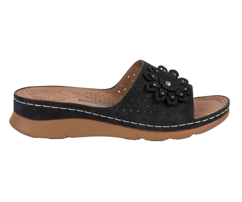 Women's Gabbie Black Flower Rosette Comfort Sandals