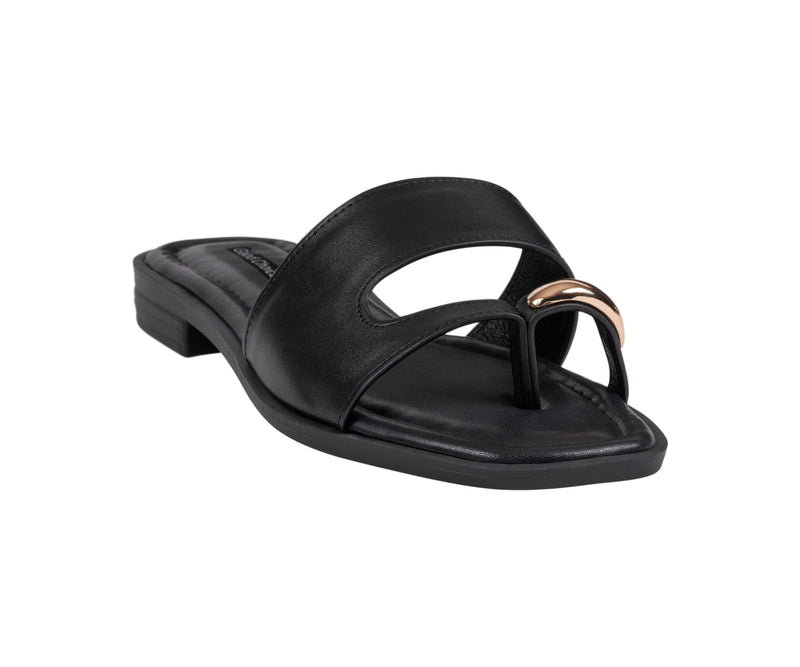 Women’s Halie Black Metal Toe Ring Flat Sandals