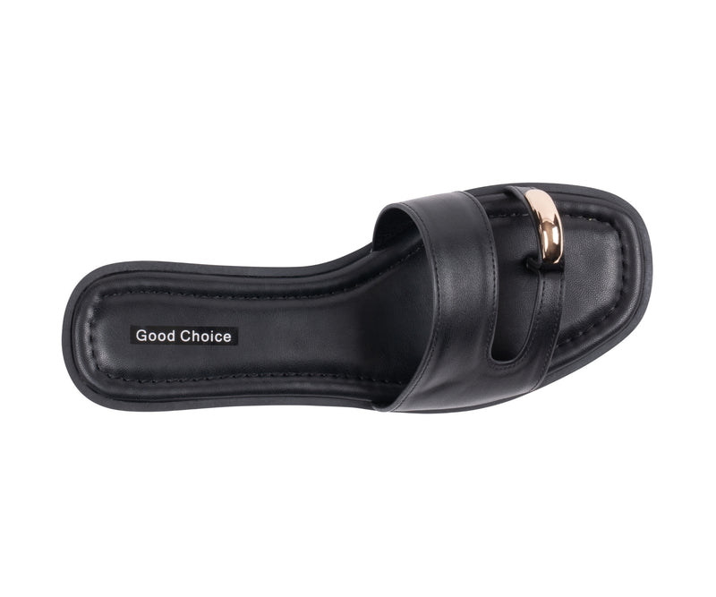 Women’s Halie Black Metal Toe Ring Flat Sandals