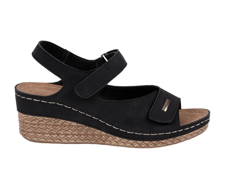 Women's Keltie Black Double Velcro Strap Wedge Sandals