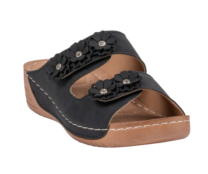 Women's Raelyn Black Double Velcro Band Rosette Comfort Sandals