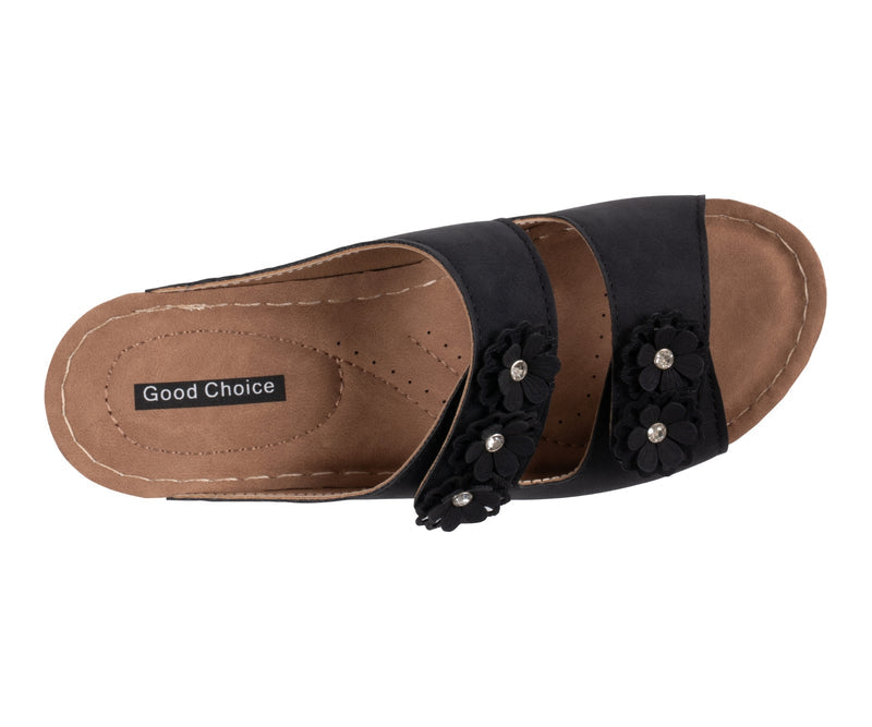 Women's Raelyn Black Double Velcro Band Rosette Comfort Sandals