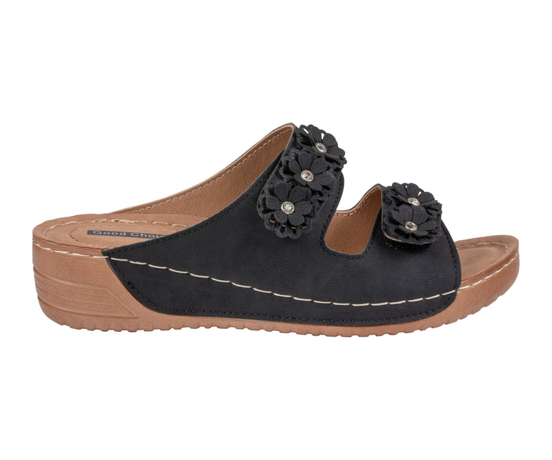 Women's Raelyn Black Double Velcro Band Rosette Comfort Sandals