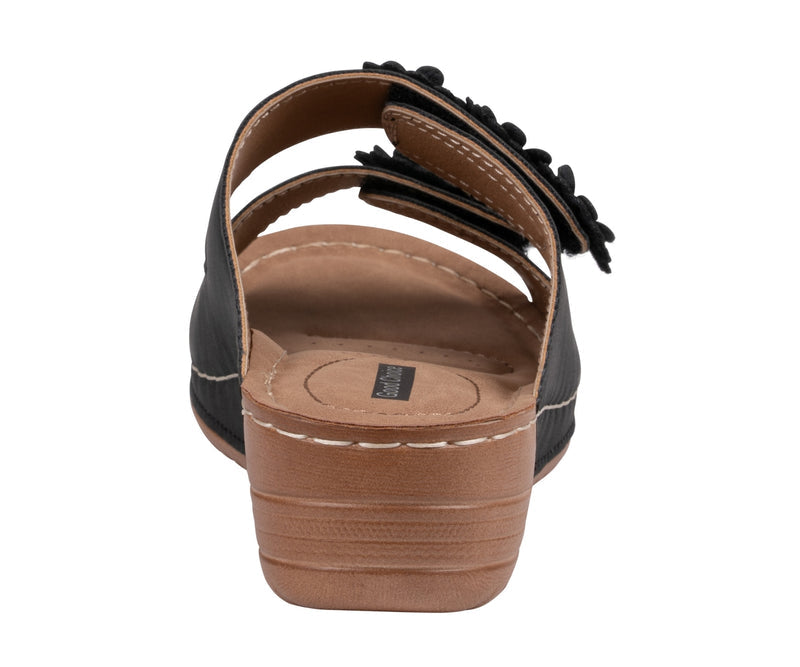 Women's Raelyn Black Double Velcro Band Rosette Comfort Sandals
