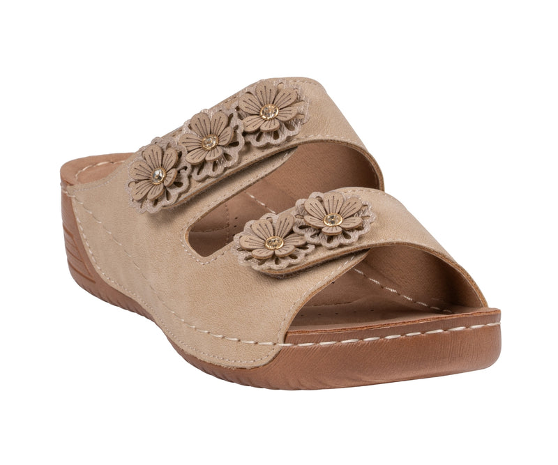 Women's Raelyn Natural Double Velcro Band Rosette Comfort Sandals