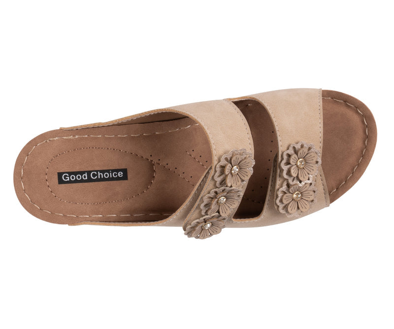 Women's Raelyn Natural Double Velcro Band Rosette Comfort Sandals