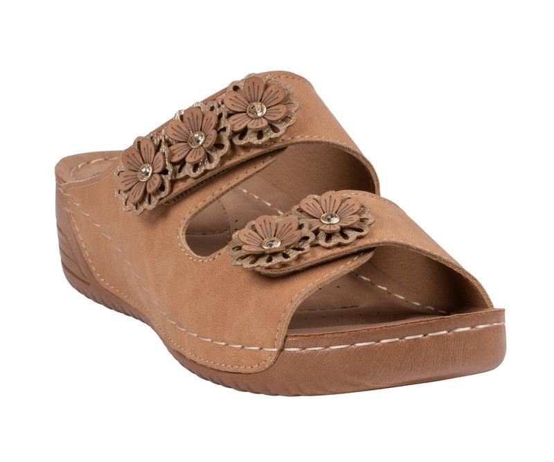 Women's Raelyn Tan Double Velcro Band Rosette Comfort Sandals