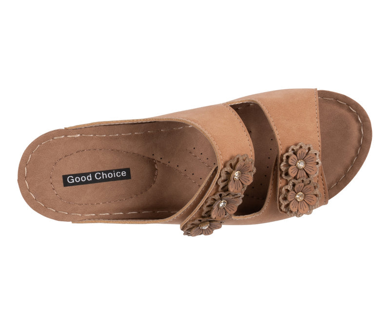 Women's Raelyn Tan Double Velcro Band Rosette Comfort Sandals