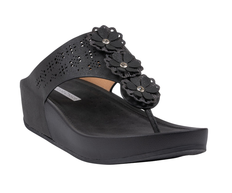 Women's Rana Black Floral Thong Wedge Sandals