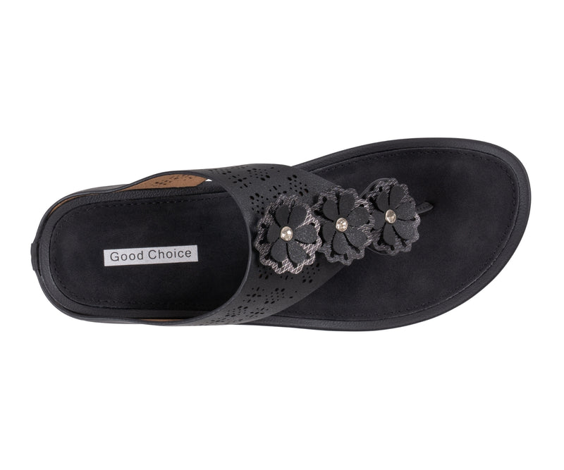 Women's Rana Black Floral Thong Wedge Sandals
