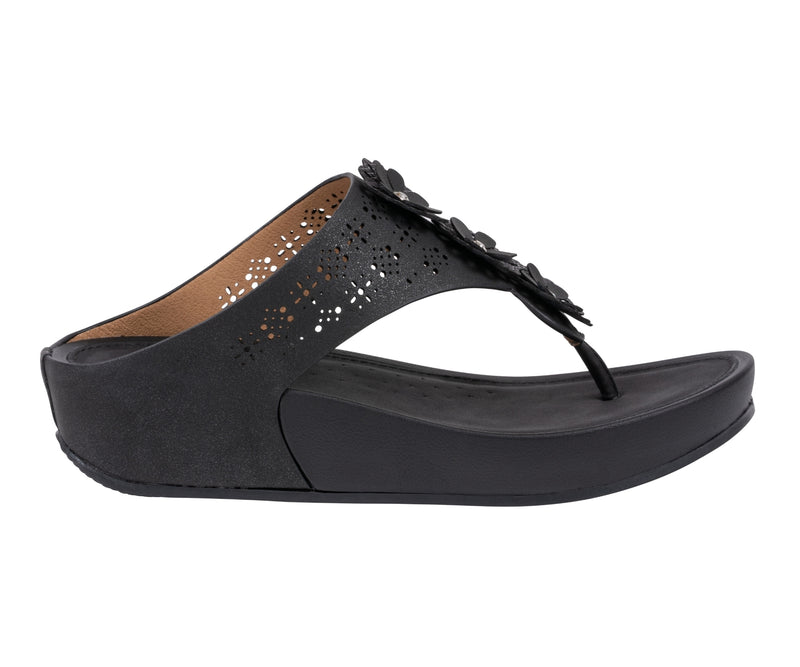 Women's Rana Black Floral Thong Wedge Sandals