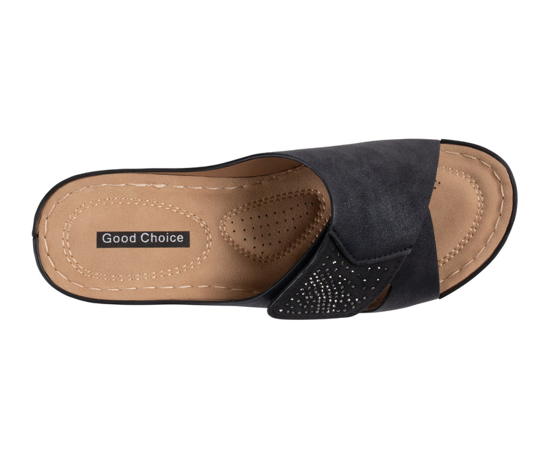 Women's Savina Black Embellished Velcro Wedge Sandals