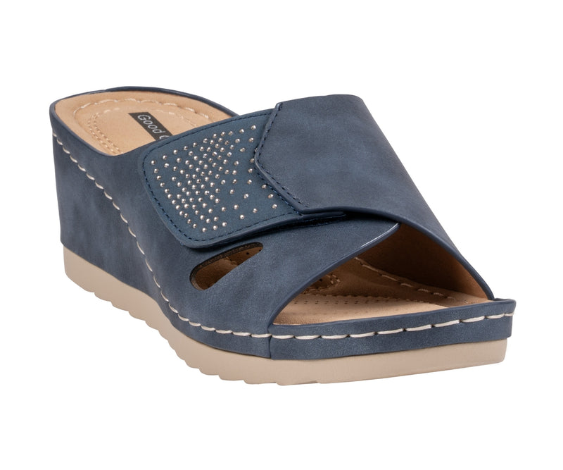 Women's Savina Navy Embellished Velcro Wedge Sandals