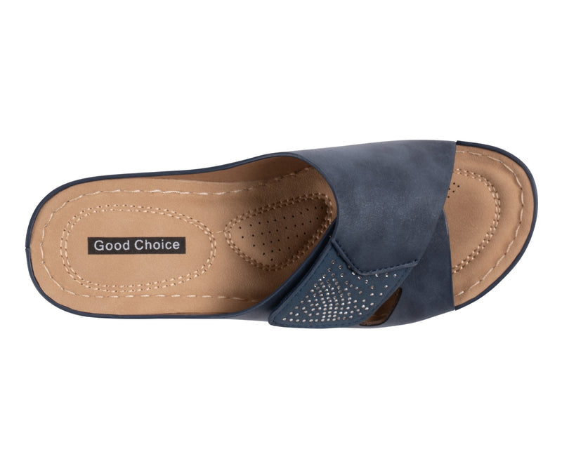 Women's Savina Navy Embellished Velcro Wedge Sandals