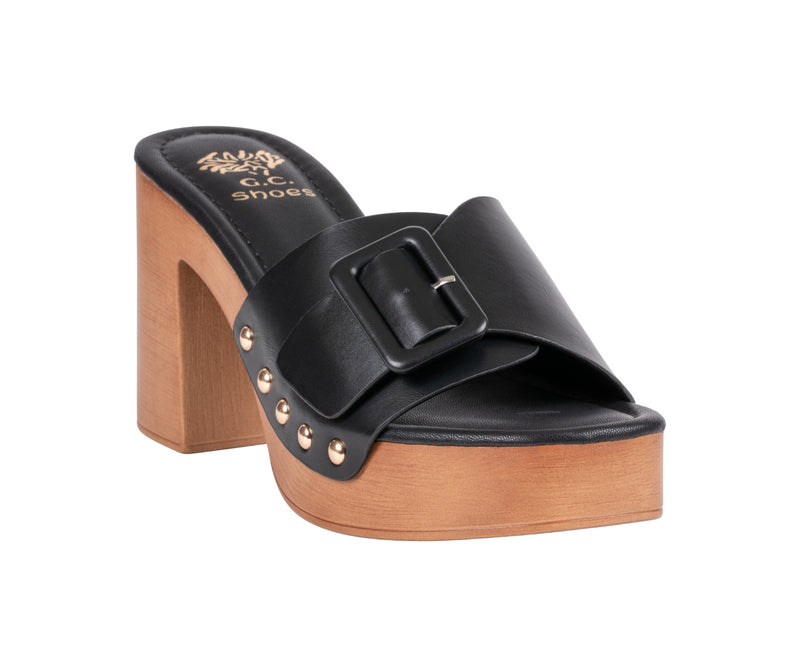 Women’s York Black Buckle Wooden Block Heel Platform Sandals