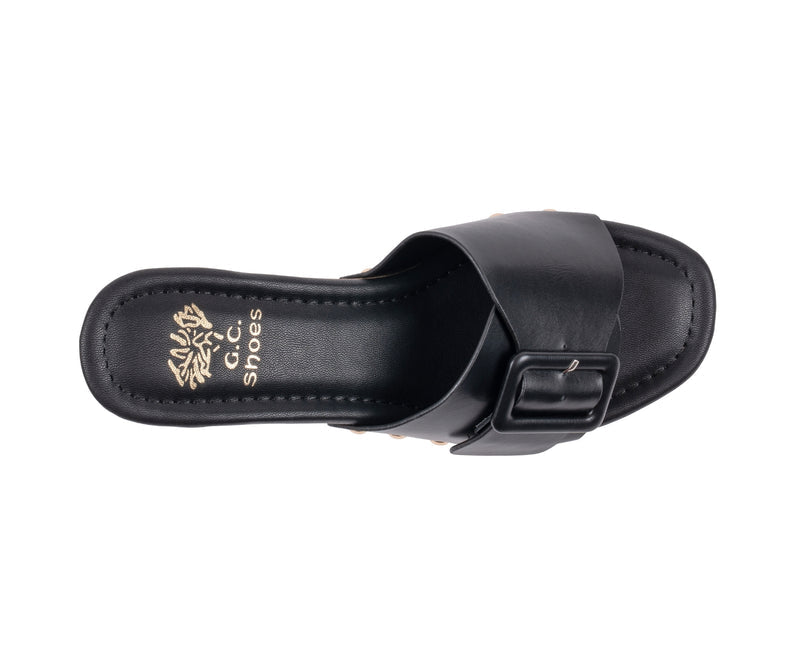 Women’s York Black Buckle Wooden Block Heel Platform Sandals