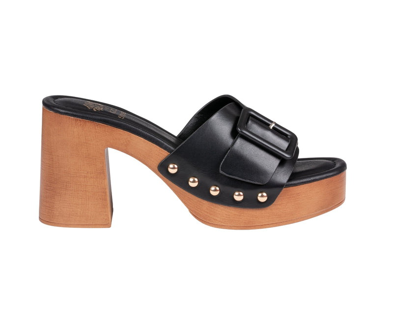 Women’s York Black Buckle Wooden Block Heel Platform Sandals