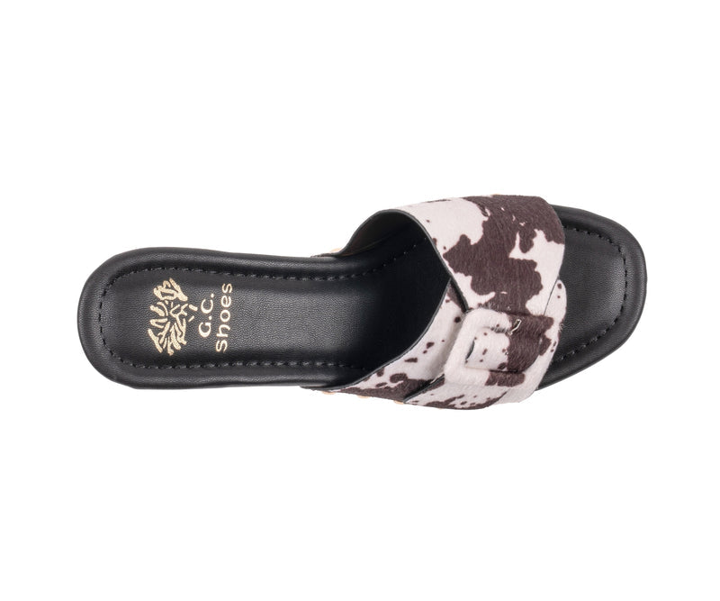 Women’s York Cow Print Buckle Wooden Block Heel Platform Sandals
