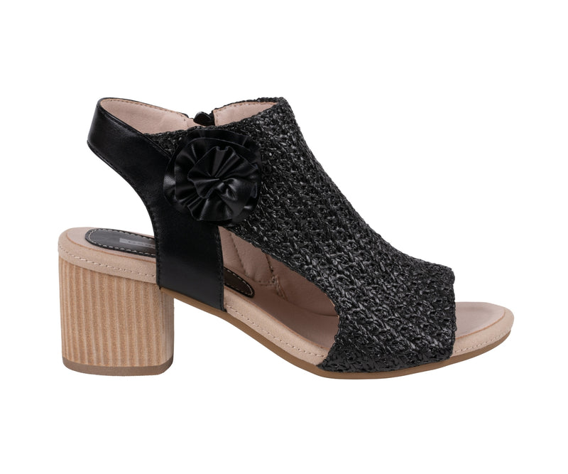 Women's Zakki Black Flower Rosette Woven Block Heel Dress Sandals